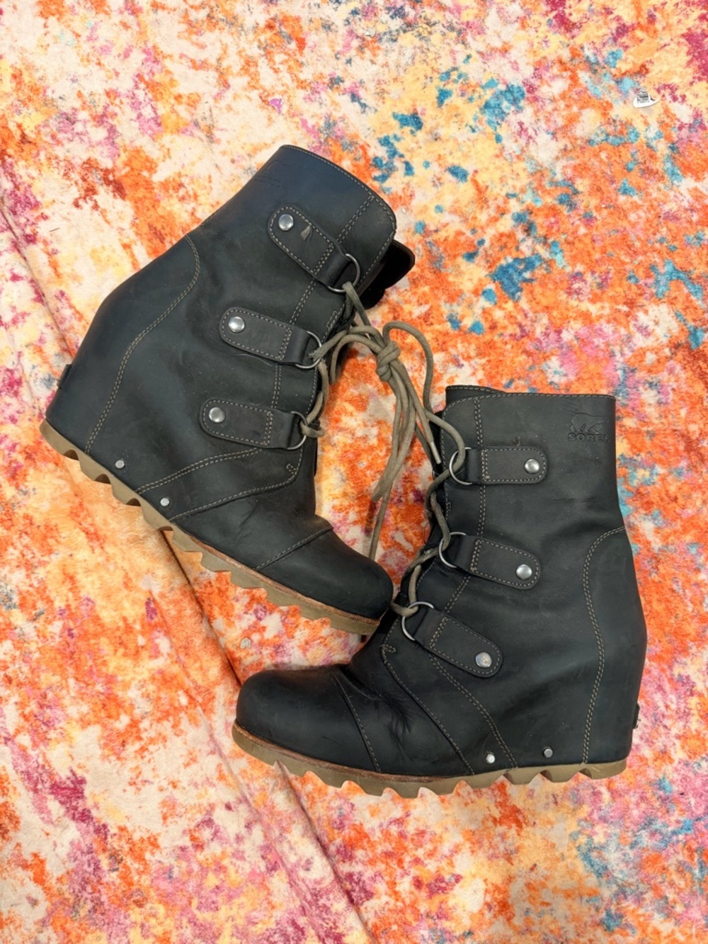 Sorel Women’s Black Lace Up Joan of Arctic Wedge Boot Waterproof Leather Size 9